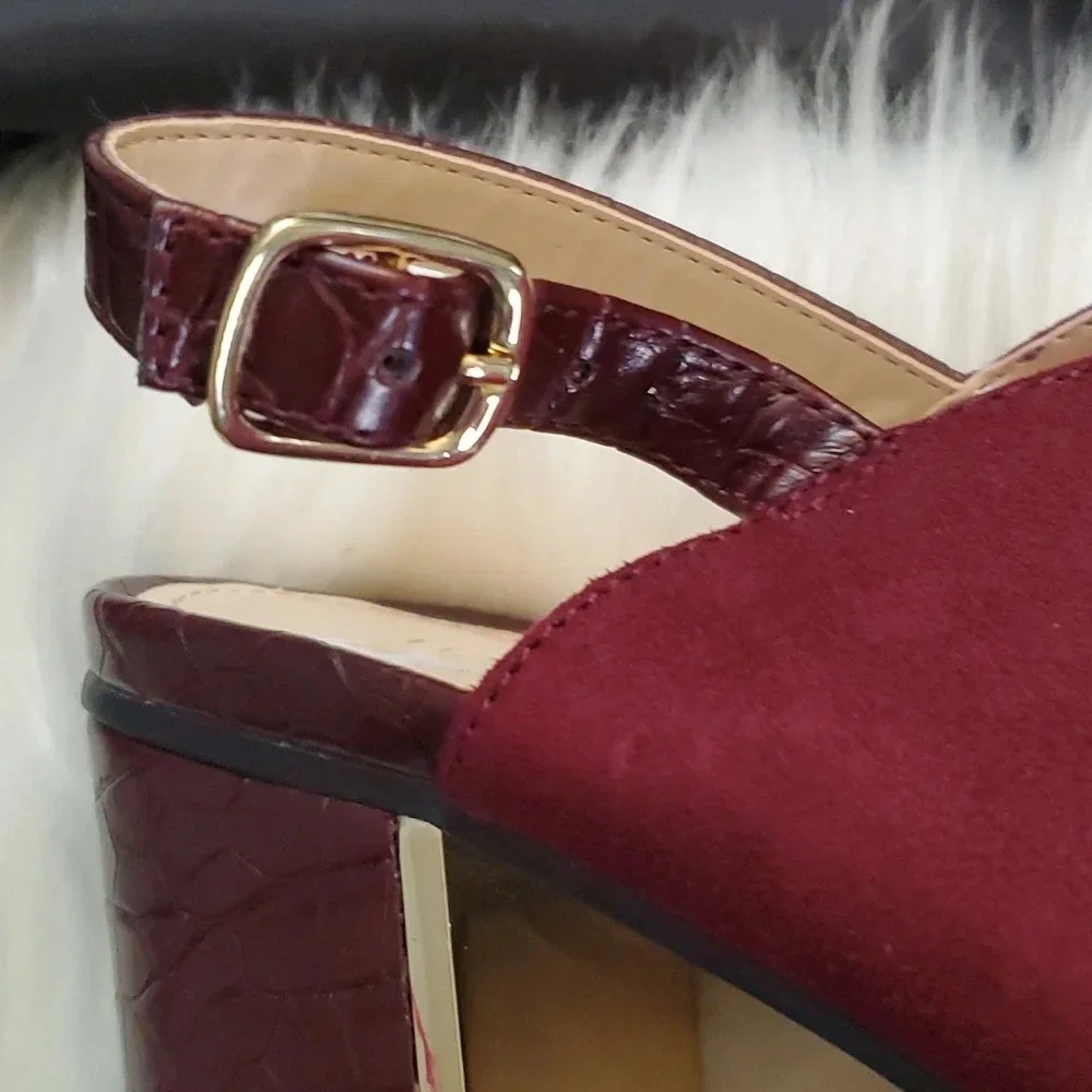 NEW Liz Claiborne Suede Like Burgundy,Gold and Textured Heel, Adjustable Buckle